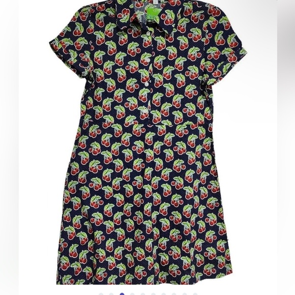 Kling Navy Blue Red Cherry Print Cotton Retro Pinup Button Front Dress NWT 2/S - Picture 5 of 15
